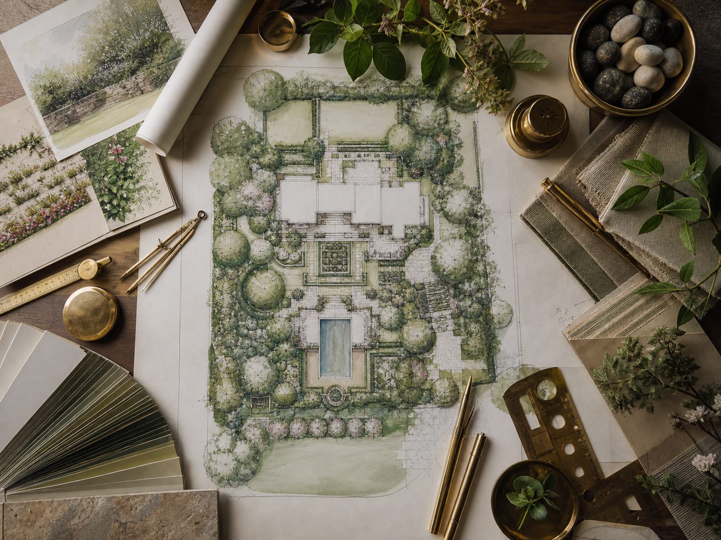 Landscape architect's desk with hand-drawn garden master plan, watercolor renderings, plant samples and brass drafting tools, overhead shot, warm light