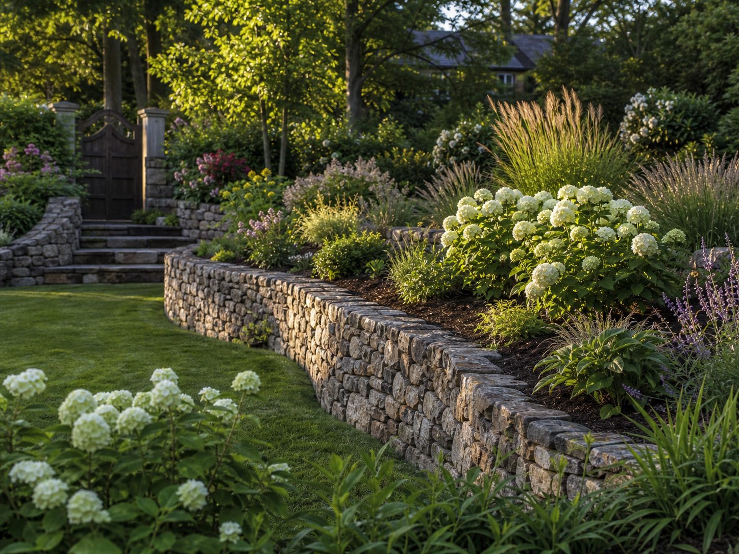 800×600 — dry-stacked fieldstone wall curving through garden