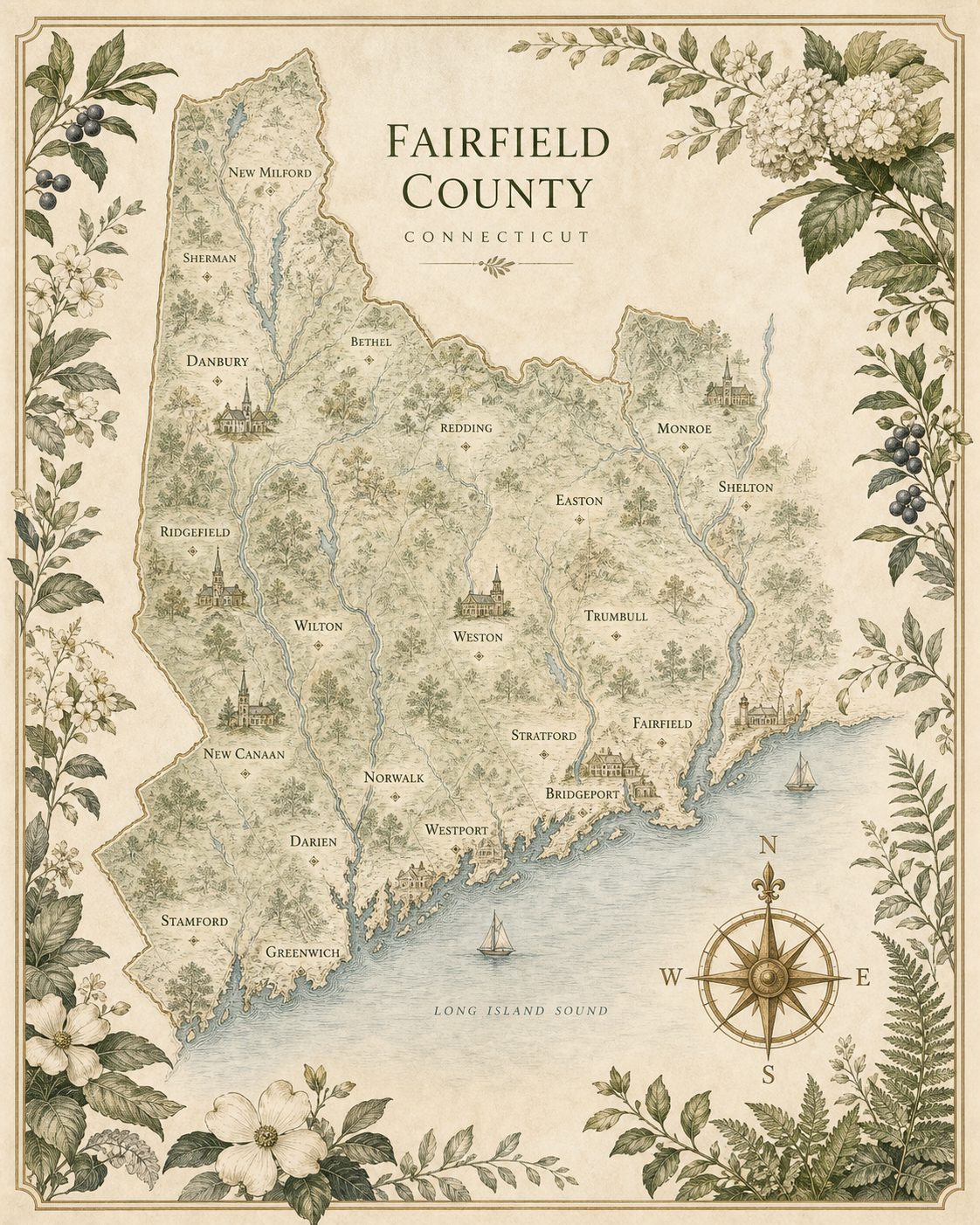 Elegant vintage-style illustrated map of Fairfield County Connecticut with brass compass rose, hand-drawn town labels, cream paper, botanical border illustrations