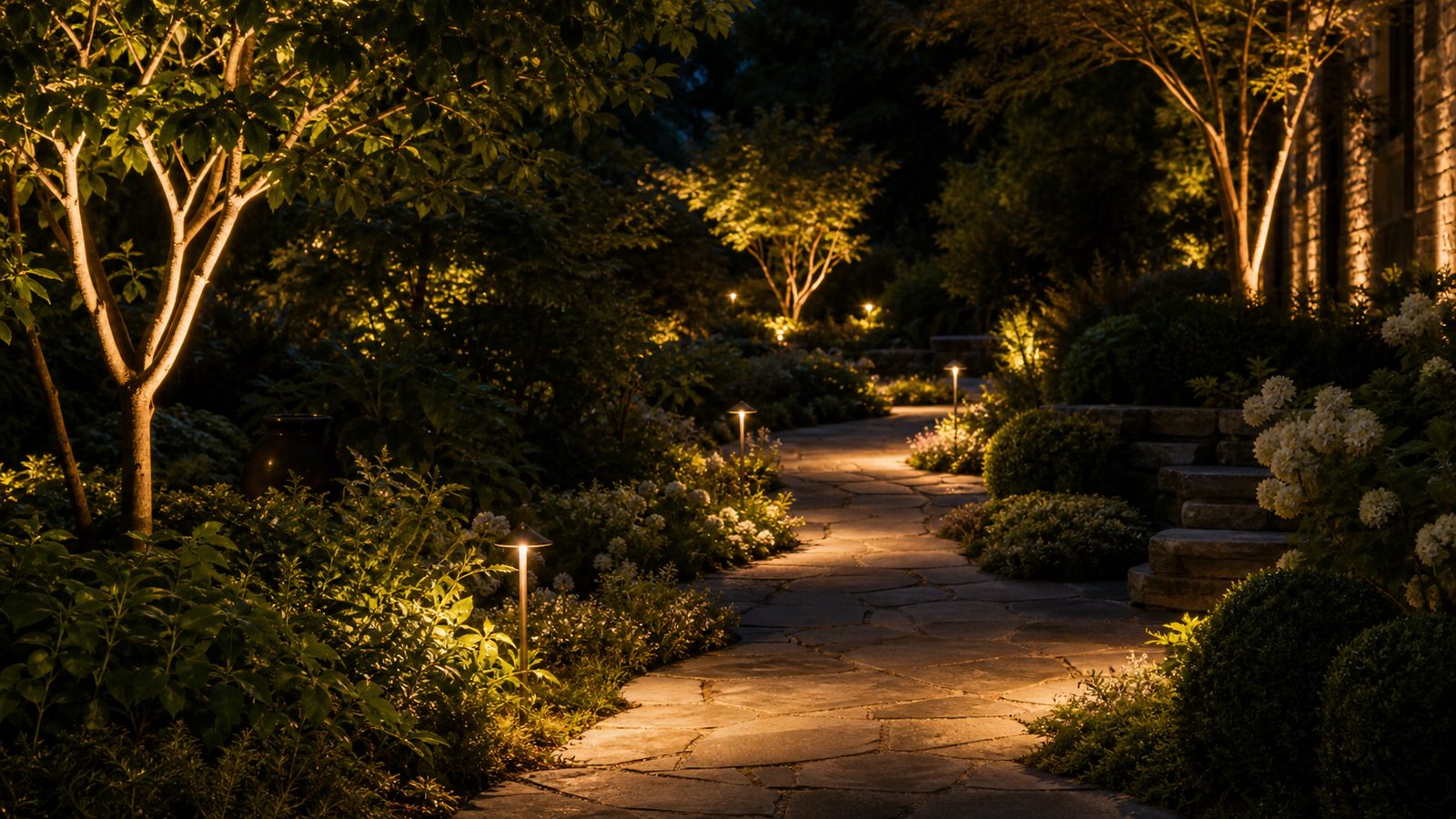 800×450 — garden path uplighting at night, warm landscape lighting