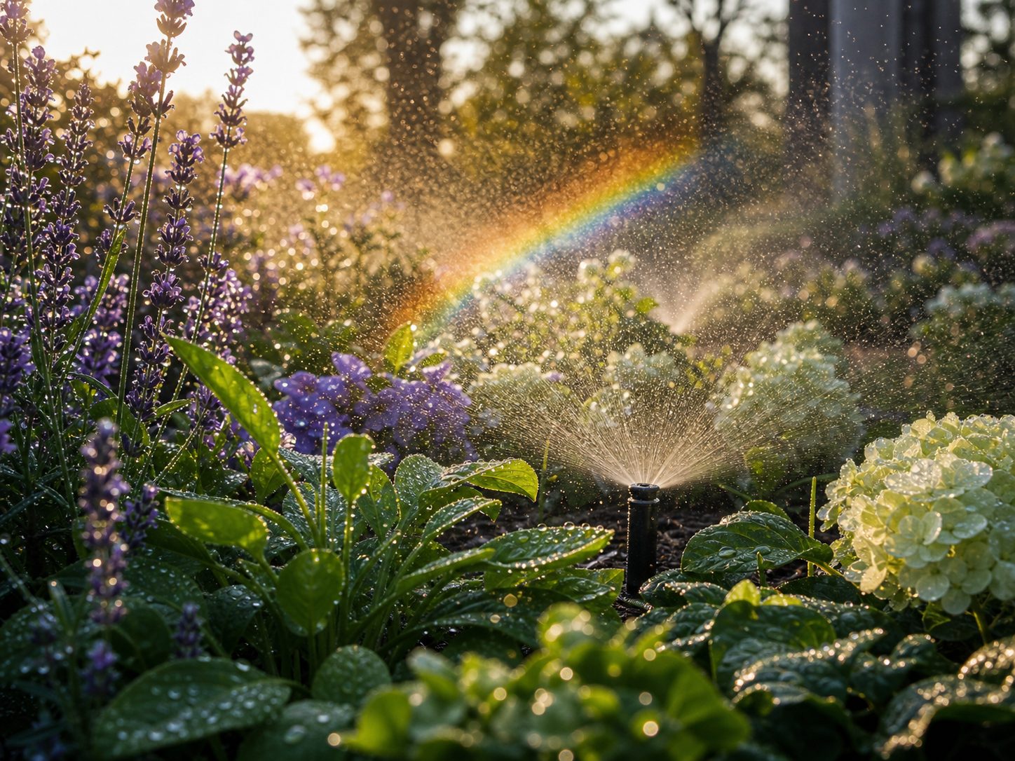 Fine mist from pop-up irrigation heads watering a lush perennial garden at sunrise, rainbow in the spray, droplets on leaves, macro beauty shot