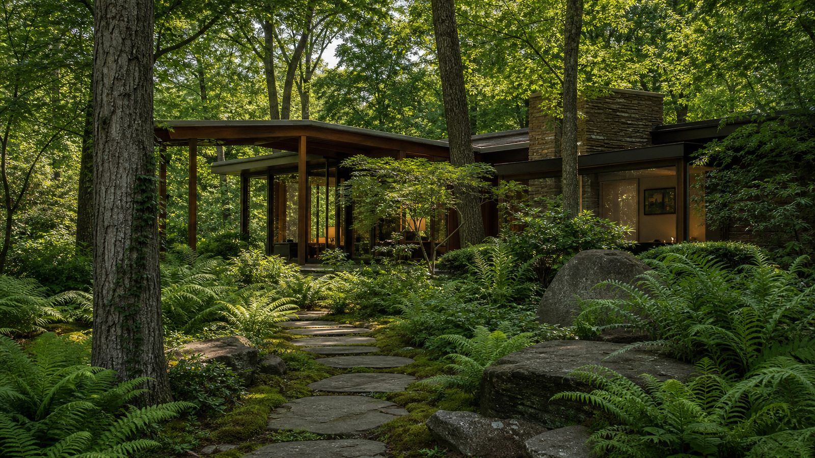 800×450 — wooded New Canaan midcentury home with fern garden