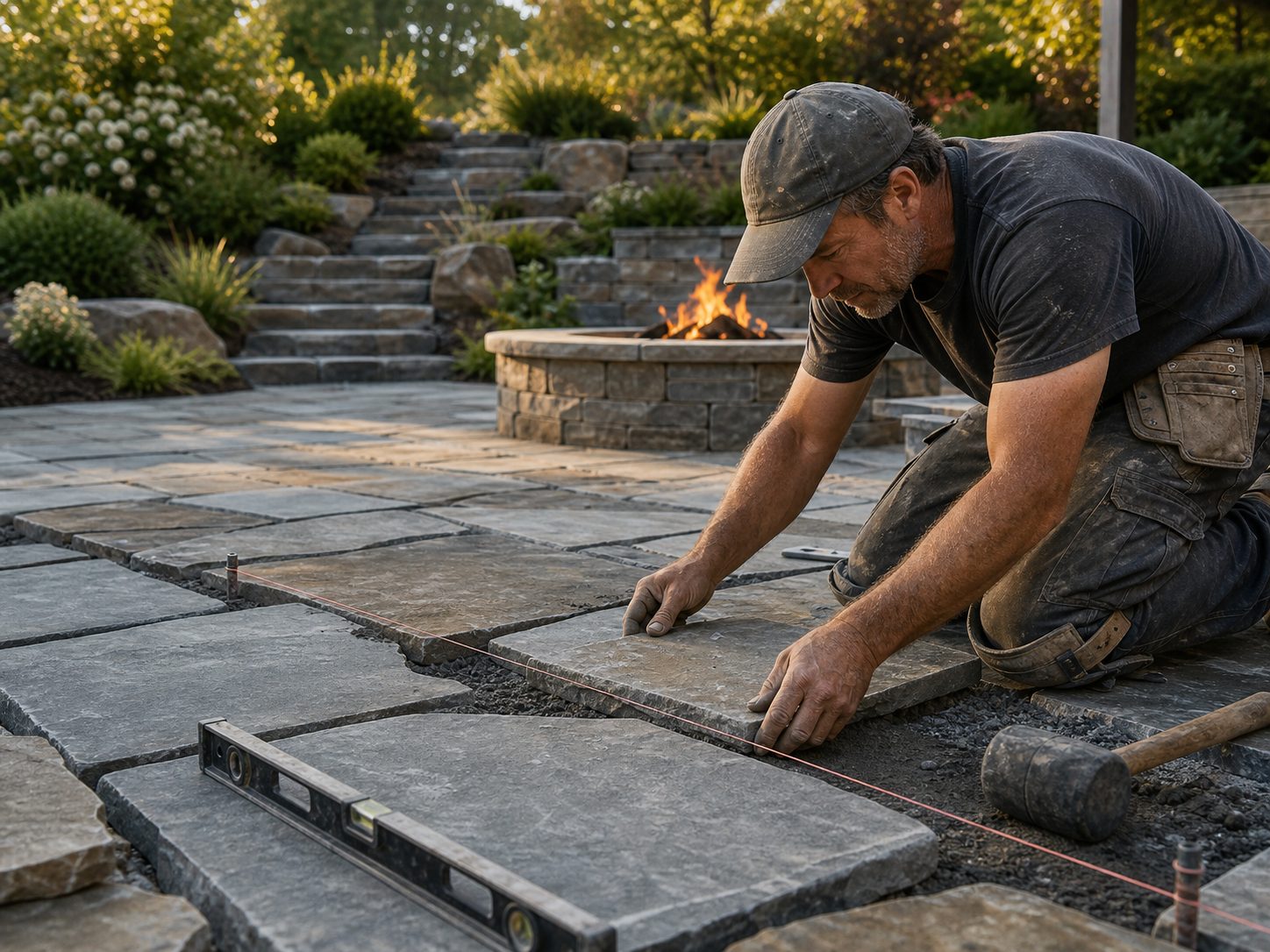 Master stonemason laying full-color bluestone patio with string lines and level, natural stone steps and fire pit behind, golden afternoon light, craftsmanship detail shot