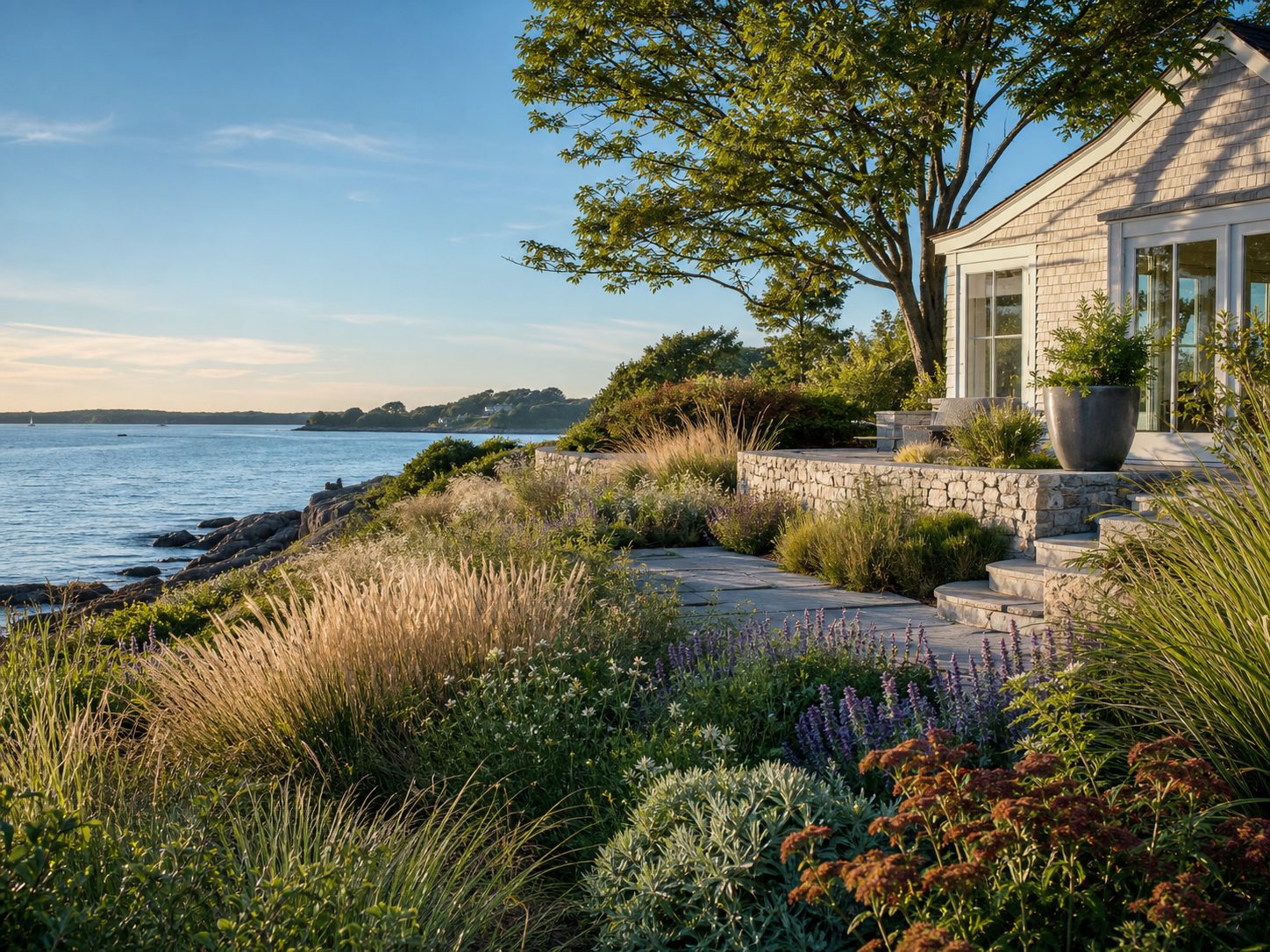 800×600 — shoreline garden with native grasses, ocean view