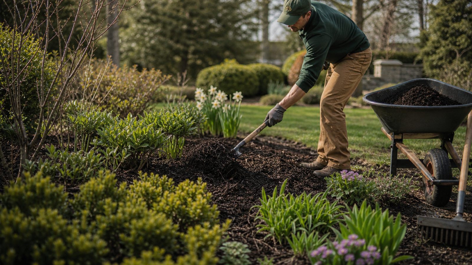 800×450 — spring garden cleanup, mulch being spread