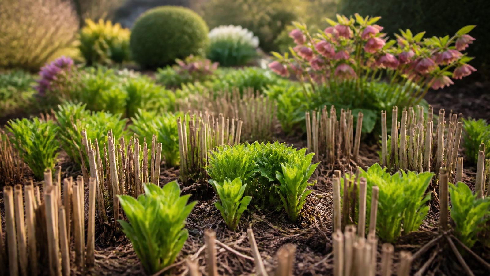 Comparison shot: lush spring perennial emergence in a bed that was left standing all winter, healthy new growth pushing through last year's cut stems