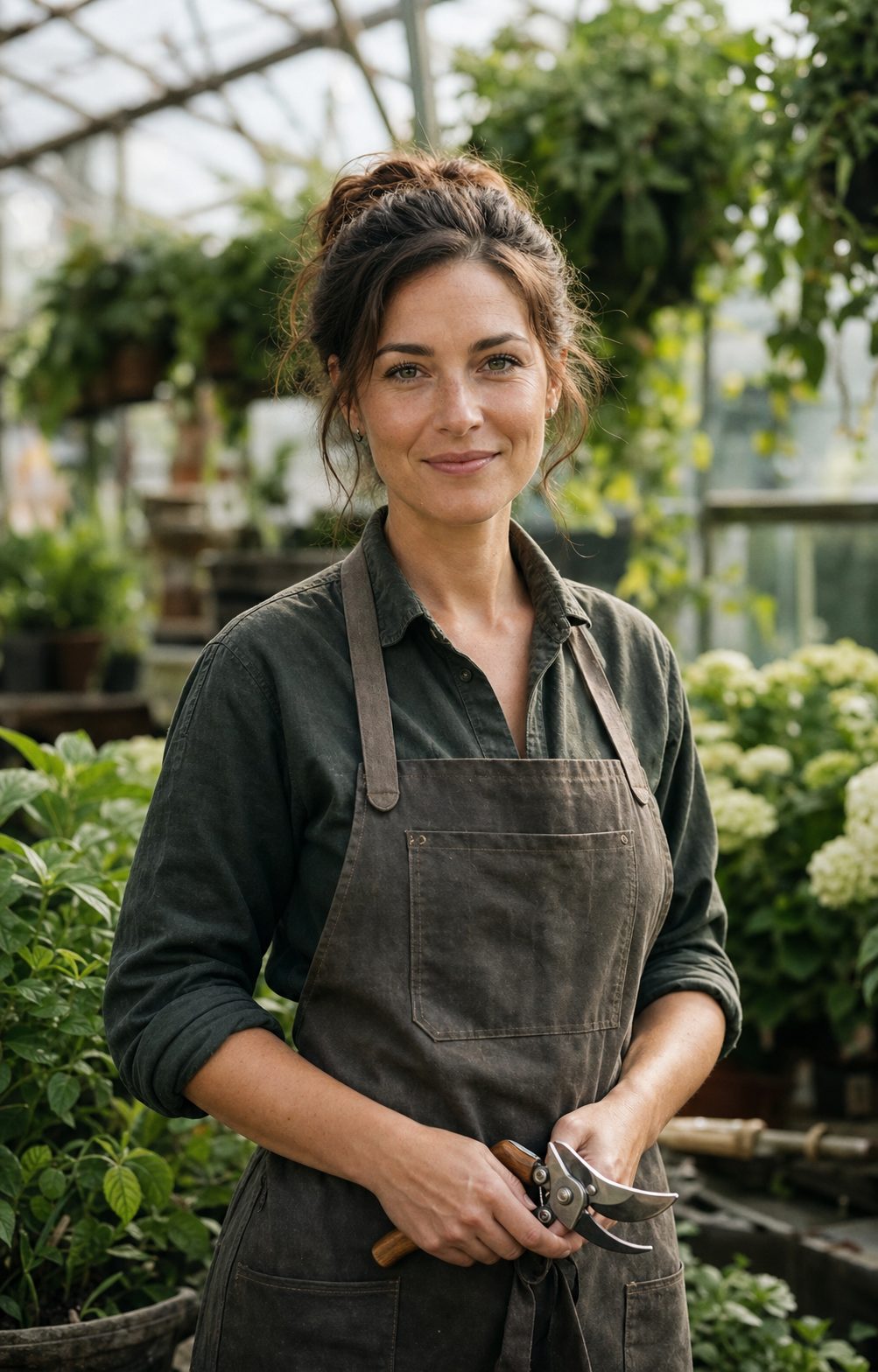 Portrait of a female head horticulturist in her 30s holding pruning shears in a greenhouse, natural light