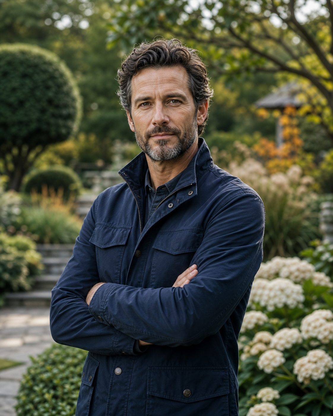 Professional portrait of a confident male landscape architect in his 40s, navy field jacket, garden background, soft light