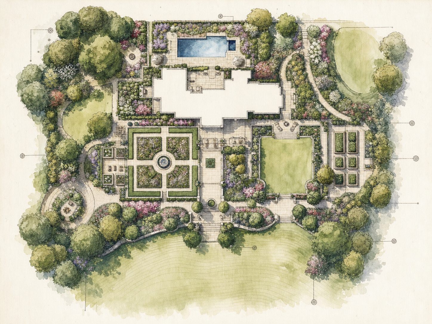 Watercolor landscape master plan drawing of an estate garden, overhead view, labeled beds